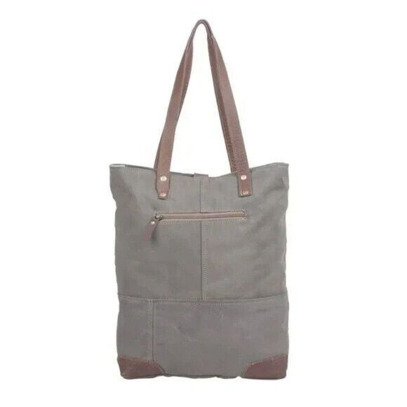 Myra Bag Handmade Time Tote Bag Upcycled Canvas & Cowhide Leather - Picture 3 of 10